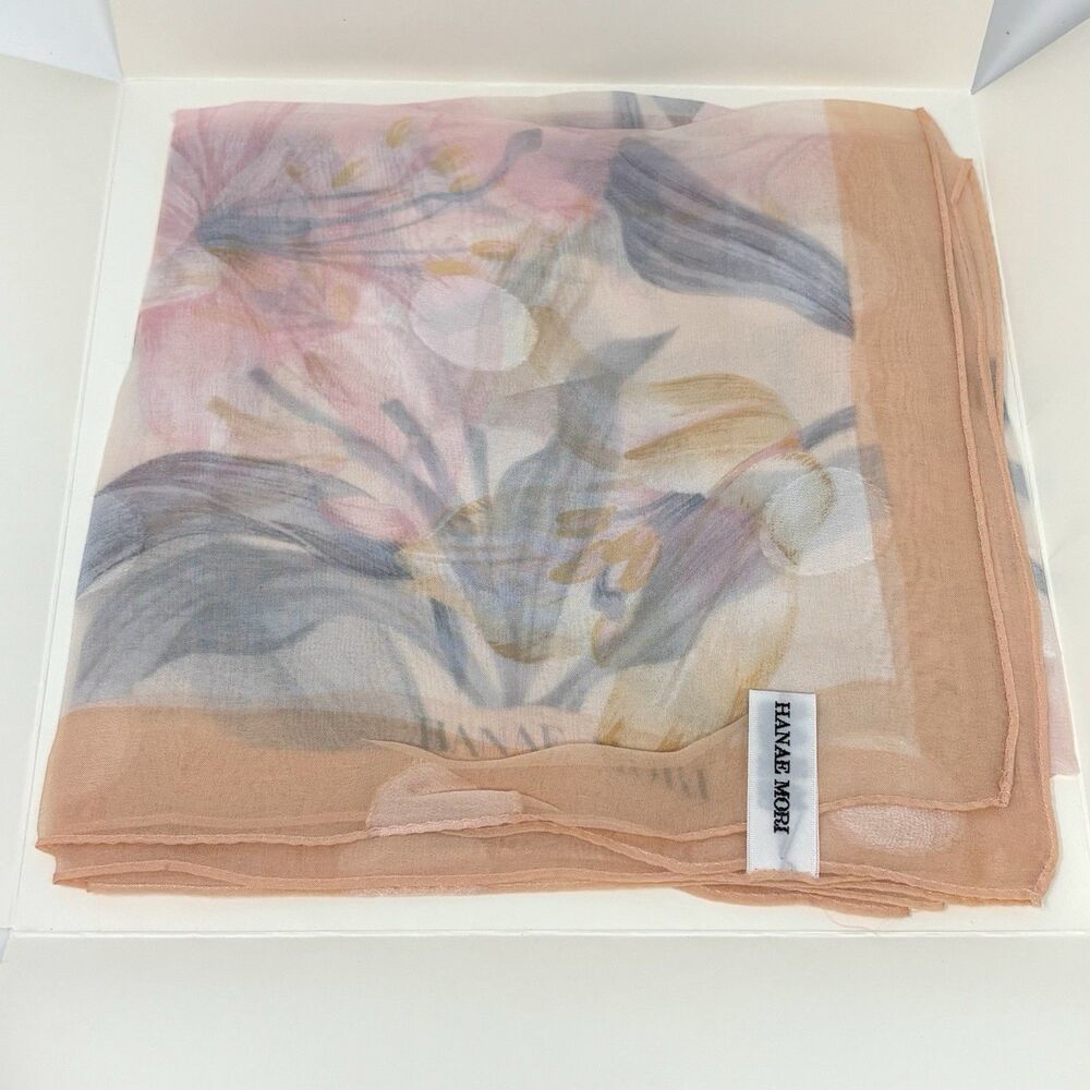 HANAE MORI Silk Scarf 34x34 Floral Botanical Pink Elegant Japan Polka Dots Gauzy